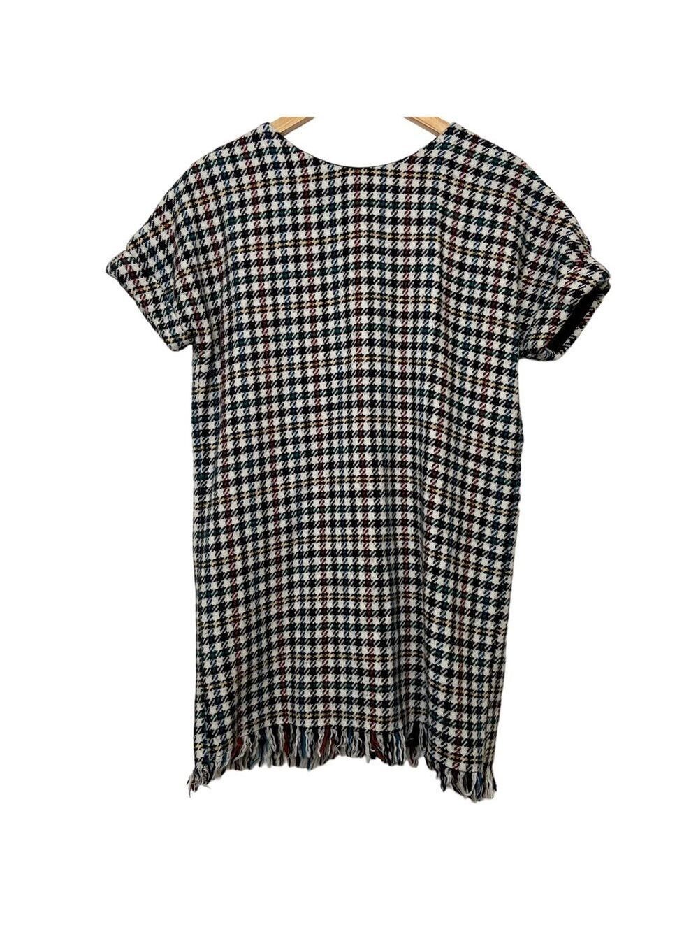 Zara Boxy Wool Blend Houndstooth Dress Fringe Hem Short Sleeve XS Black Ecru
